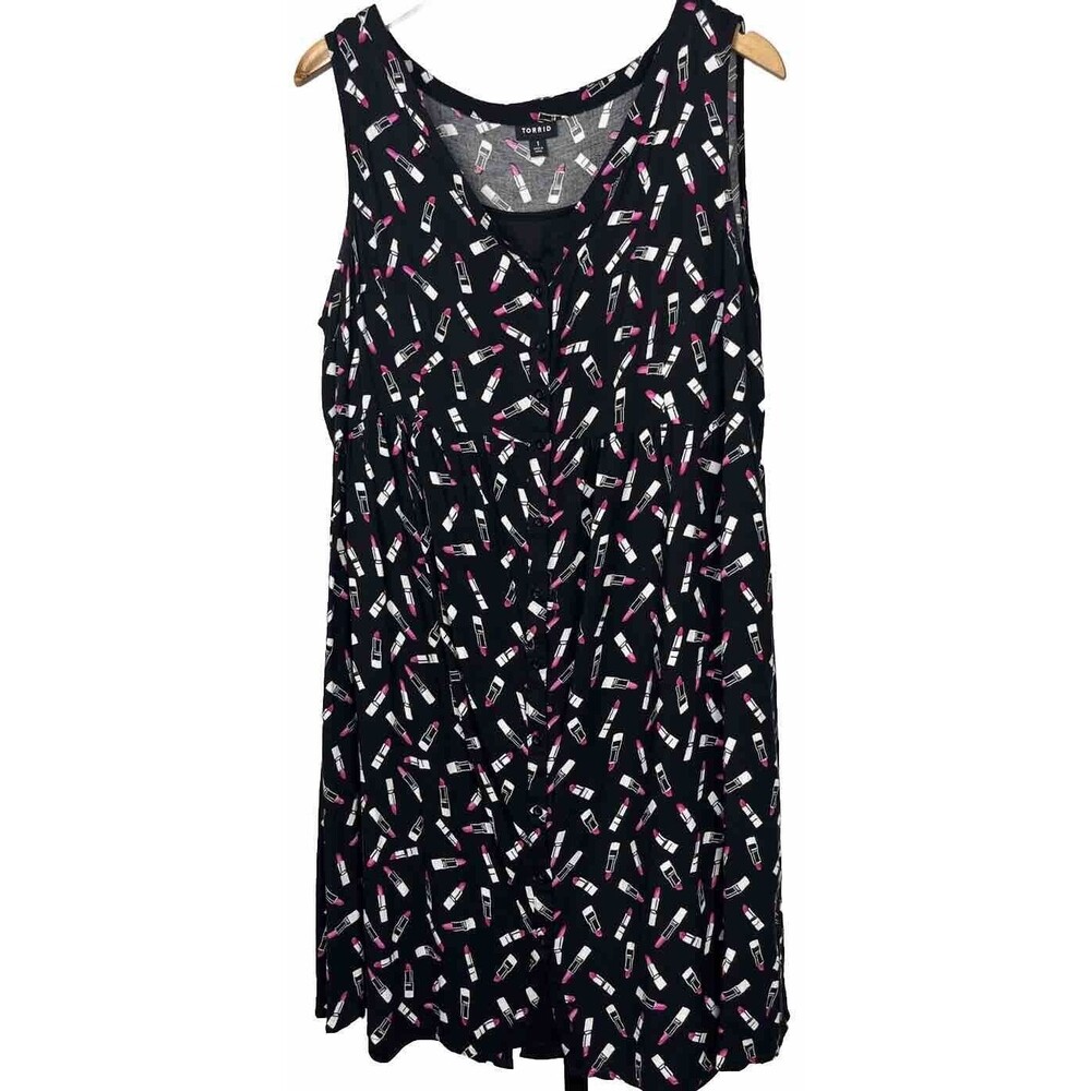 Torrid 1 Babydoll Mini Sundress Black Pink Lipstick Sleeveless Dress Plus 1X